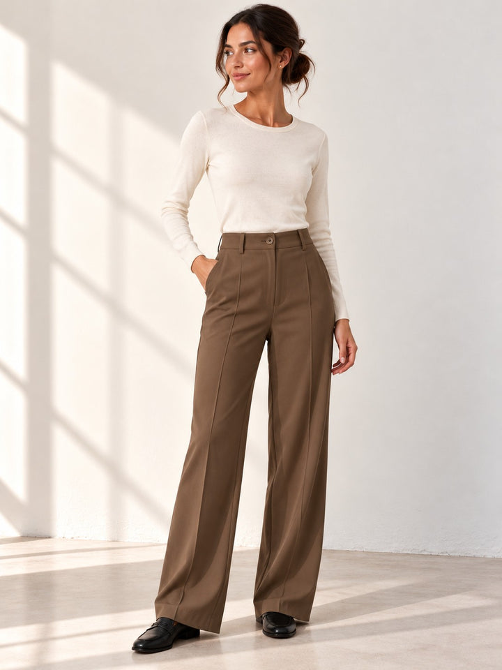Charlotte bruine wide-leg pantalon met hoge taille en persvouw