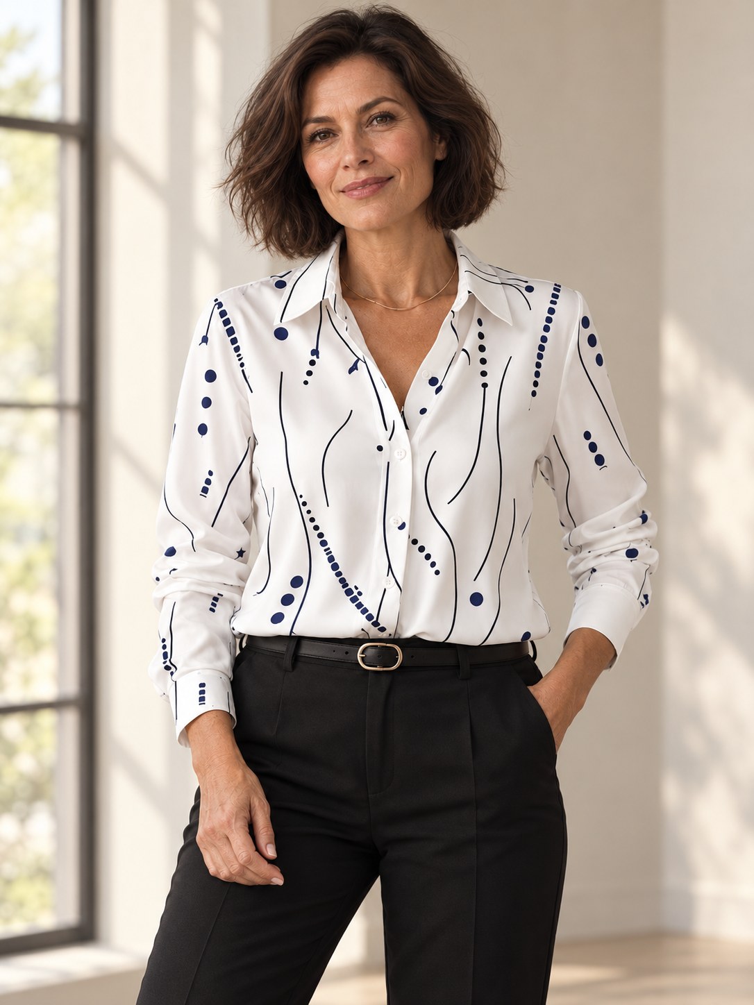 Bo witte blouse met marineblauwe lijnen- en stippenprint, gedragen door model